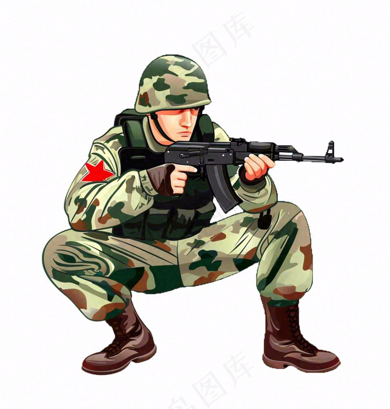 士兵军人拿着枪训练人物卡通插画免抠(1024x1072)