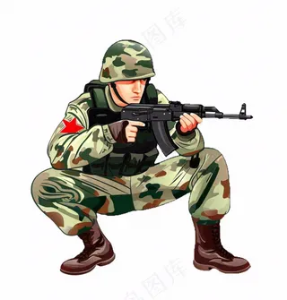士兵军人拿着枪训练人物卡通插画免抠