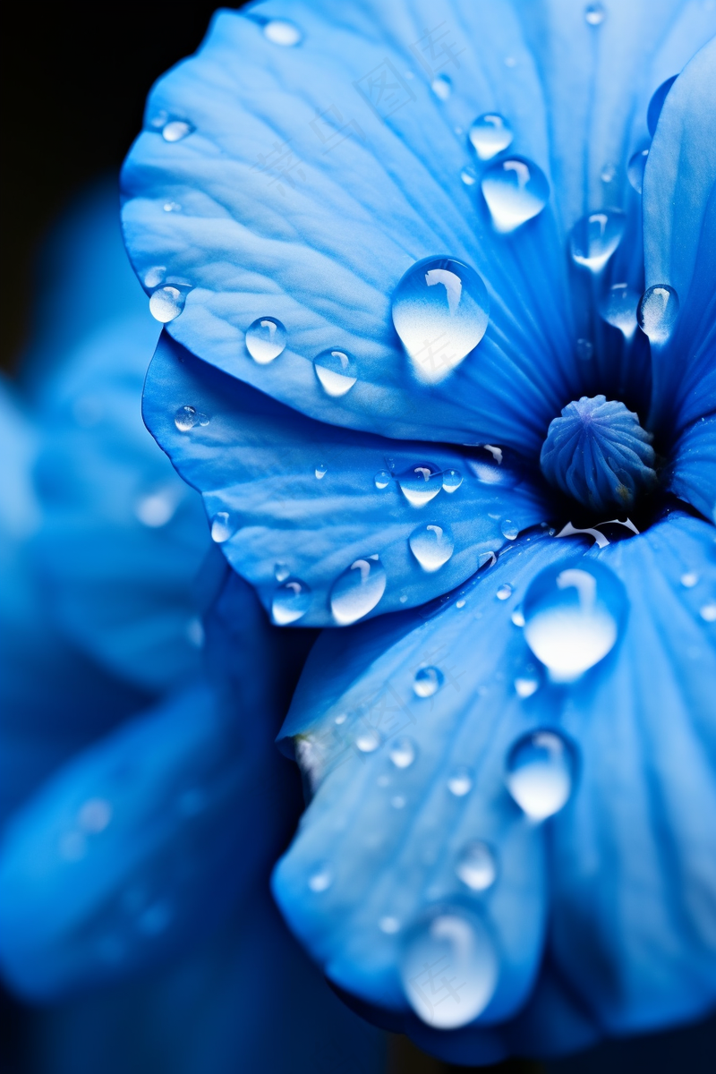 蓝色的花朵上布满了露珠水滴摄影图