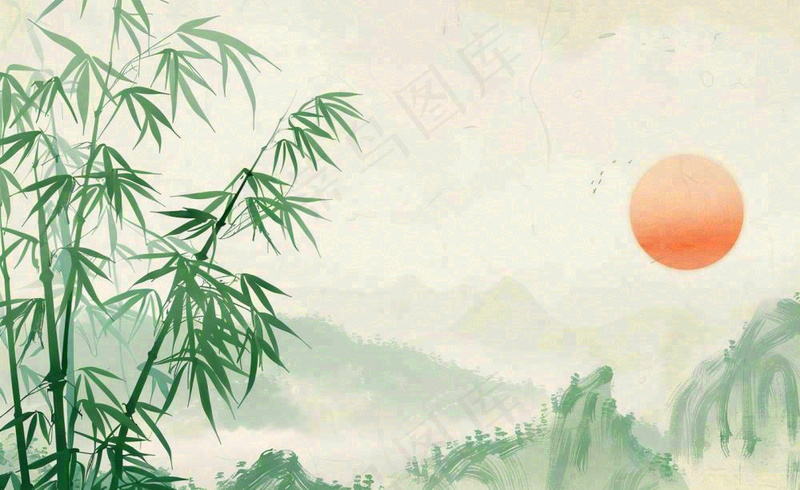 中国风古风水墨画山竹落日余晖淡雅清明端午插画背景(1408x864)