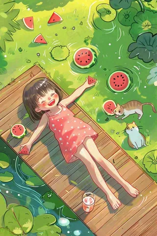 夏季乘凉吃西瓜场景女孩躺着庭院大暑小暑插画炎热插画背后