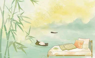 中国风古风山水画泛舟山竹青山清明端午时节清雅国画水墨画插画背景