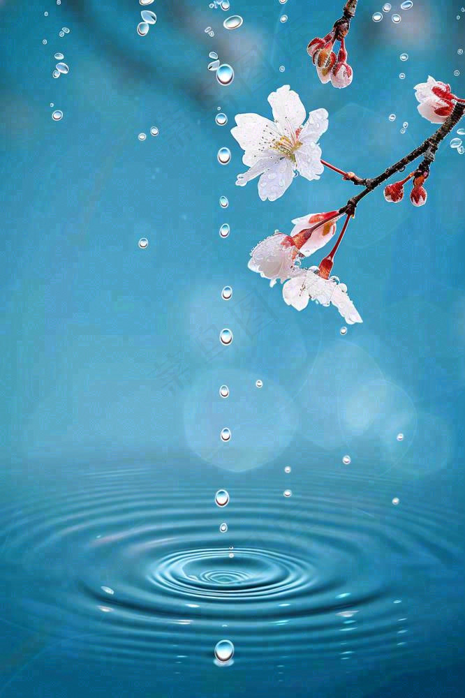 春天梅雨时节雨滴飘落在梅花滴落在水面上泛起涟漪雨水谷雨寒露摄影图(896x1344)