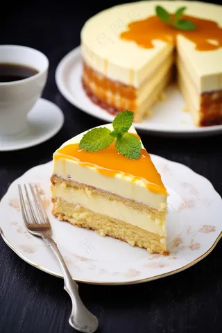 芒果慕斯蛋糕薄荷下午茶摄影图
