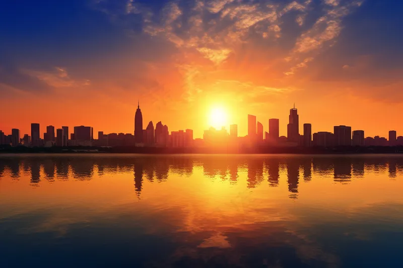 傍晚夕阳下的城市剪影落日晚霞倒影在湖面摄影图(4032x2688)