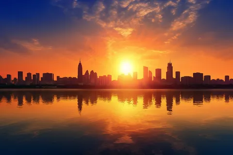 傍晚夕阳下的城市剪影落日晚霞倒影在湖面摄影图 傍晚夕阳下的城市剪影落日晚霞倒影在湖面摄影图