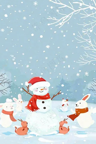 冬天雪地堆雪人动物白雪下雪立冬小雪大雪冬至卡通插画背景