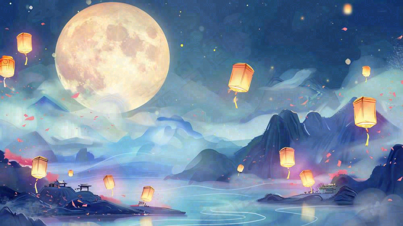 中秋河灯孔明灯中元节风景寒衣节黑夜中元节夜晚月亮唯美插画背景