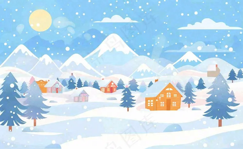 立冬冬至雪山森林山脚下的小镇白雪卡通插画背景(1408x864)