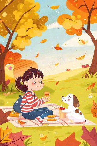秋天野外露营野餐女孩小狗落叶黄大地立秋秋分插画背景