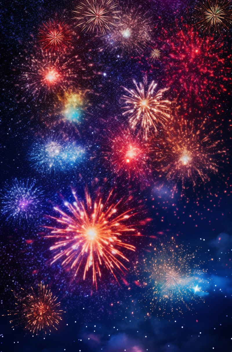 烟花五颜六色的烟花庆典新年节日暮色的天空背景摄影图(2688x4080)
