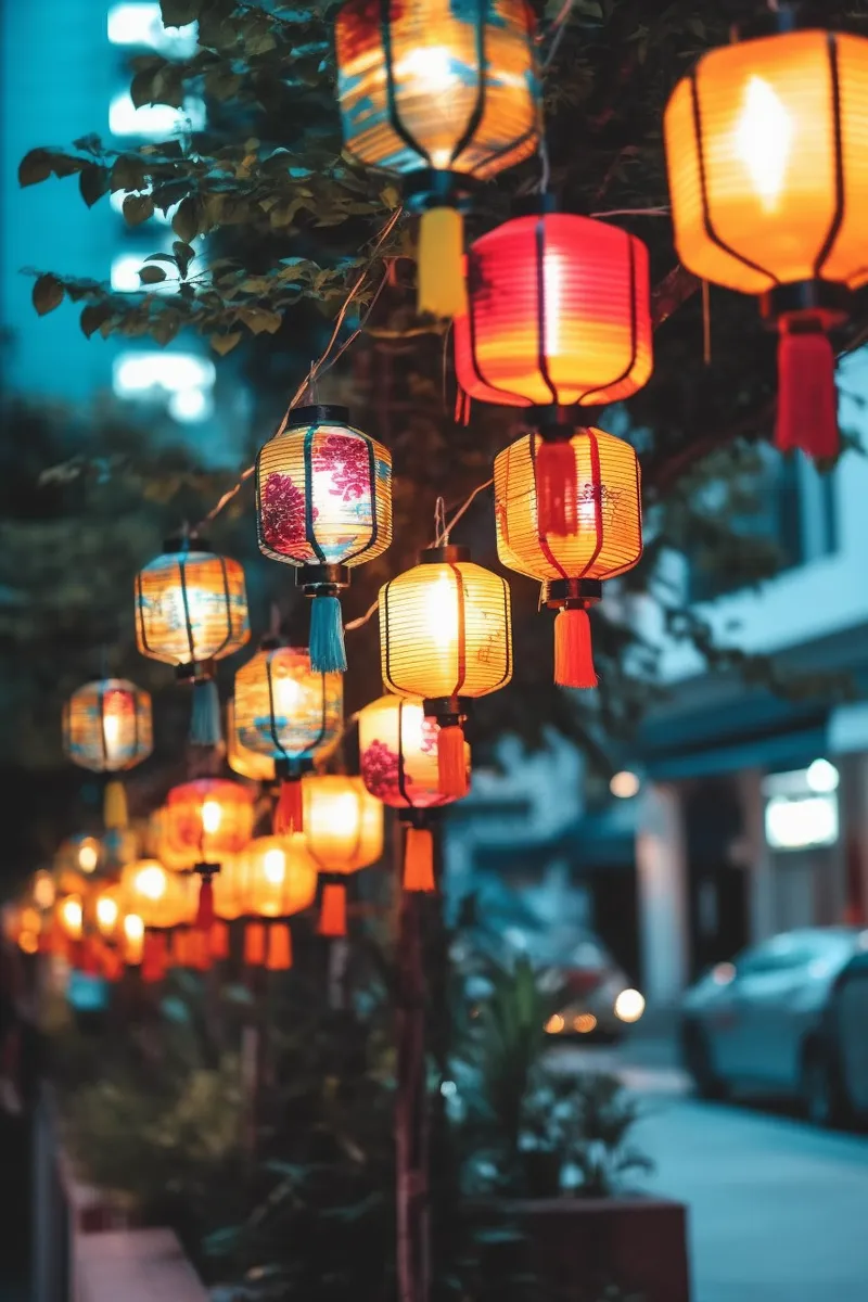 新年春节街道屋檐的灯笼热闹喜庆摄影图(2688x4032)