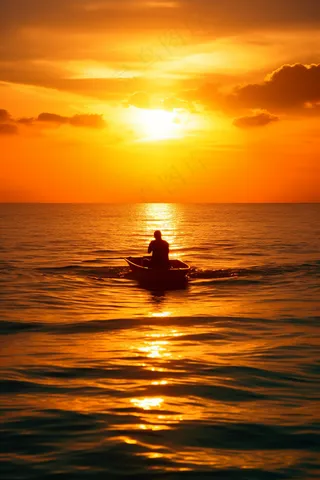 夕阳落日下的海洋湖面小船余晖倒影摄影图