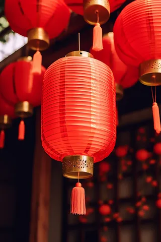 红灯笼新年屋檐挂着点亮的红灯笼中国风摄影图