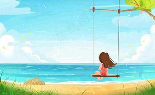 夏天海边风景大海沙滩蓝天白云立夏夏至大暑小暑唯美插画背景