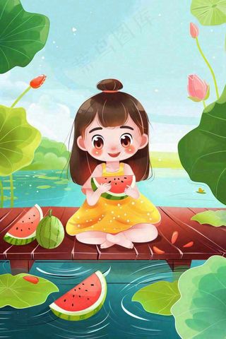 夏天荷花湖木桥上吃西瓜的女孩清凉立夏夏至大暑小暑卡通插画背景