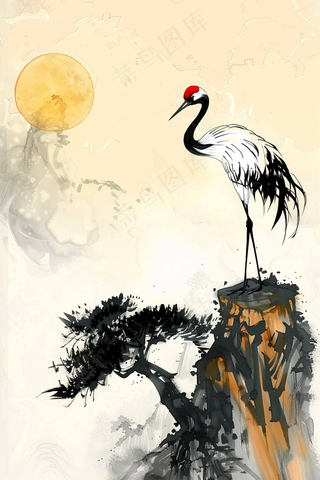 水墨国画丹顶鹤屹立岩石松树插画背景