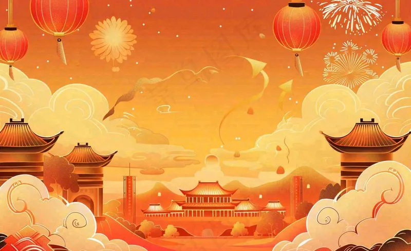 国潮风红色祖国欢庆国庆新年插画背景(1408x864)