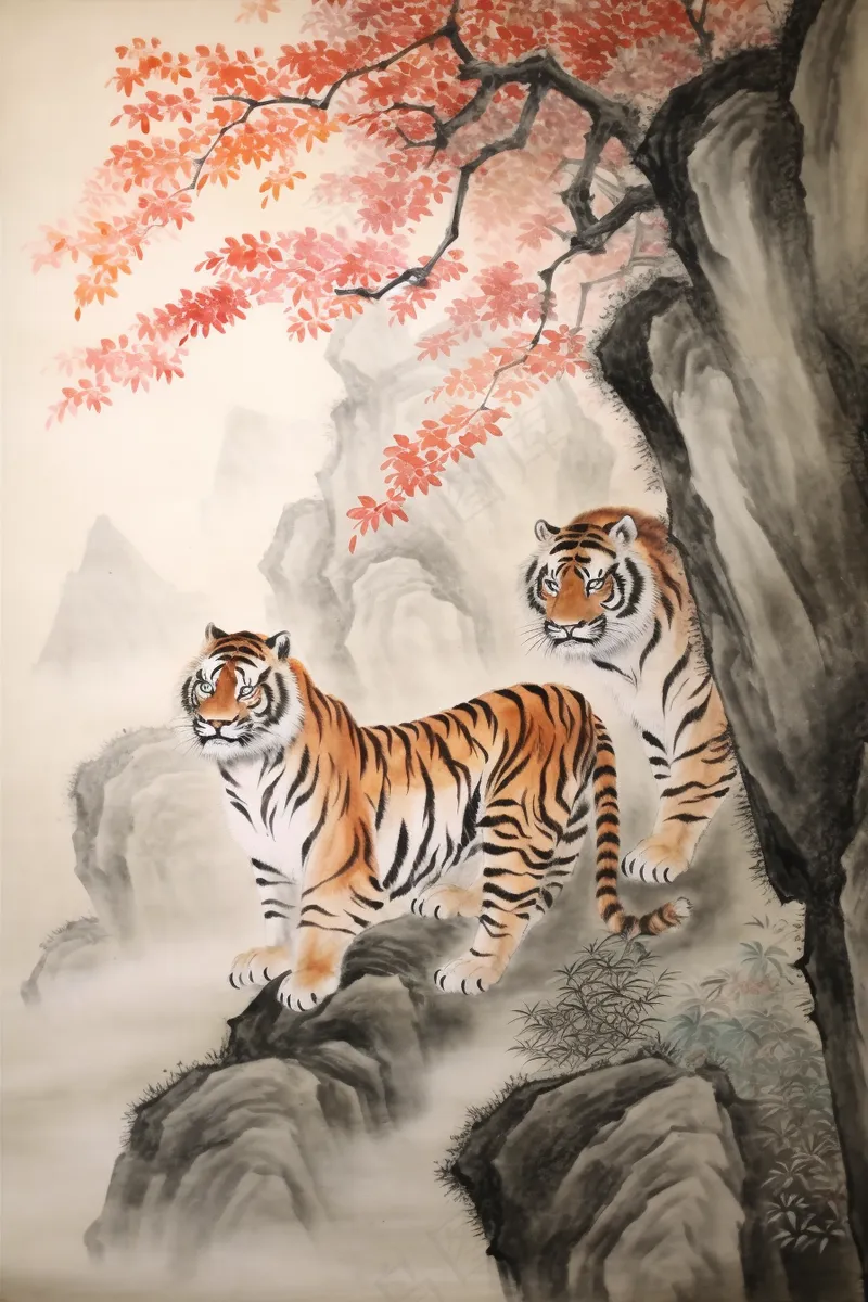 悬崖峭壁上的老虎动物山峦国画水墨画素材背景(2688x4032)