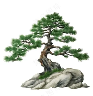 松树石壁上的迎客松古风水墨画插画免抠