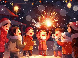 孩童儿童一起放烟花场景开心热闹庆祝新年春节小年除夕夜卡通插画