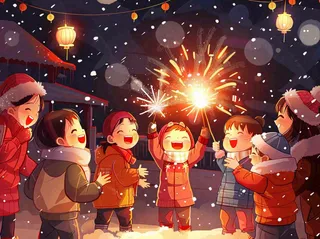 孩童儿童一起放烟花场景开心热闹庆祝新年春节小年除夕夜卡通插画