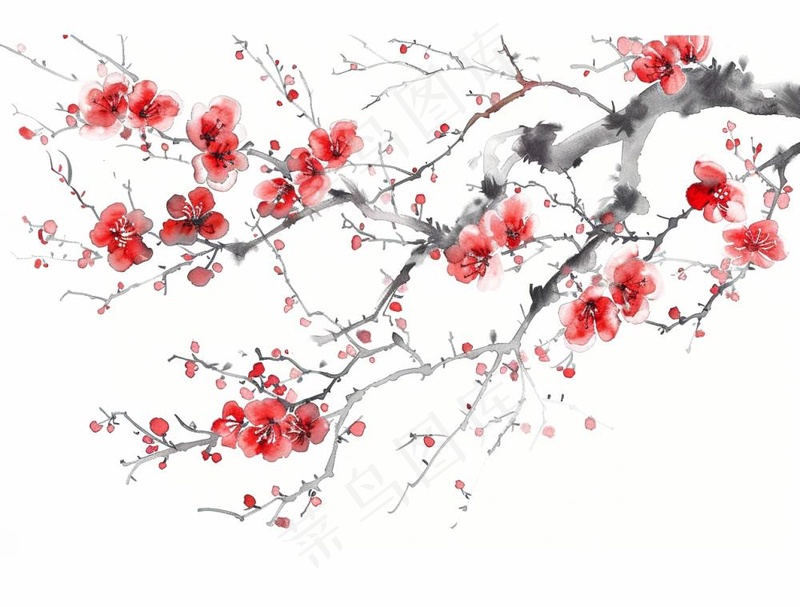 梅花寒梅水墨画中国风插画免抠(1264x960)