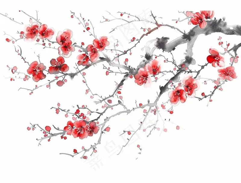 梅花寒梅水墨画中国风插画免抠(1264x960)