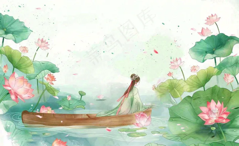 夏日清凉唯美荷花荷叶飘在水面古风少女乘小舟划船卡通人物插画处暑立夏小暑背景(1408x864)
