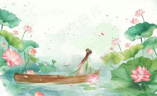 夏日清凉唯美荷花荷叶飘在水面古风少女乘小舟划船卡通人物插画处暑立夏小暑背景