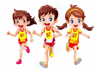 跑步比赛三人学生运动卡通插画免抠
