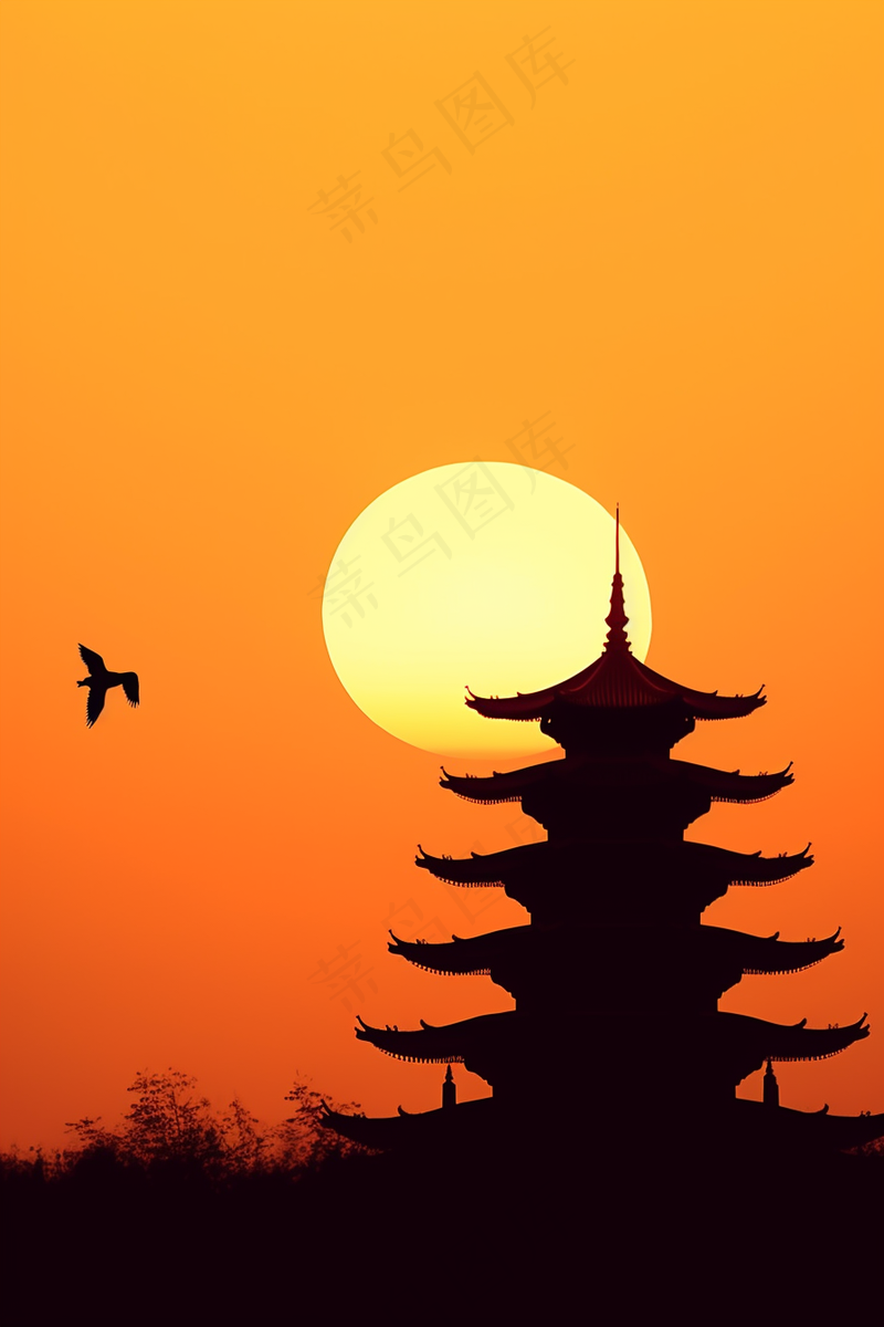 夏阳落日下的古塔大雁飞过晚霞余晖摄影图(2688x4032)