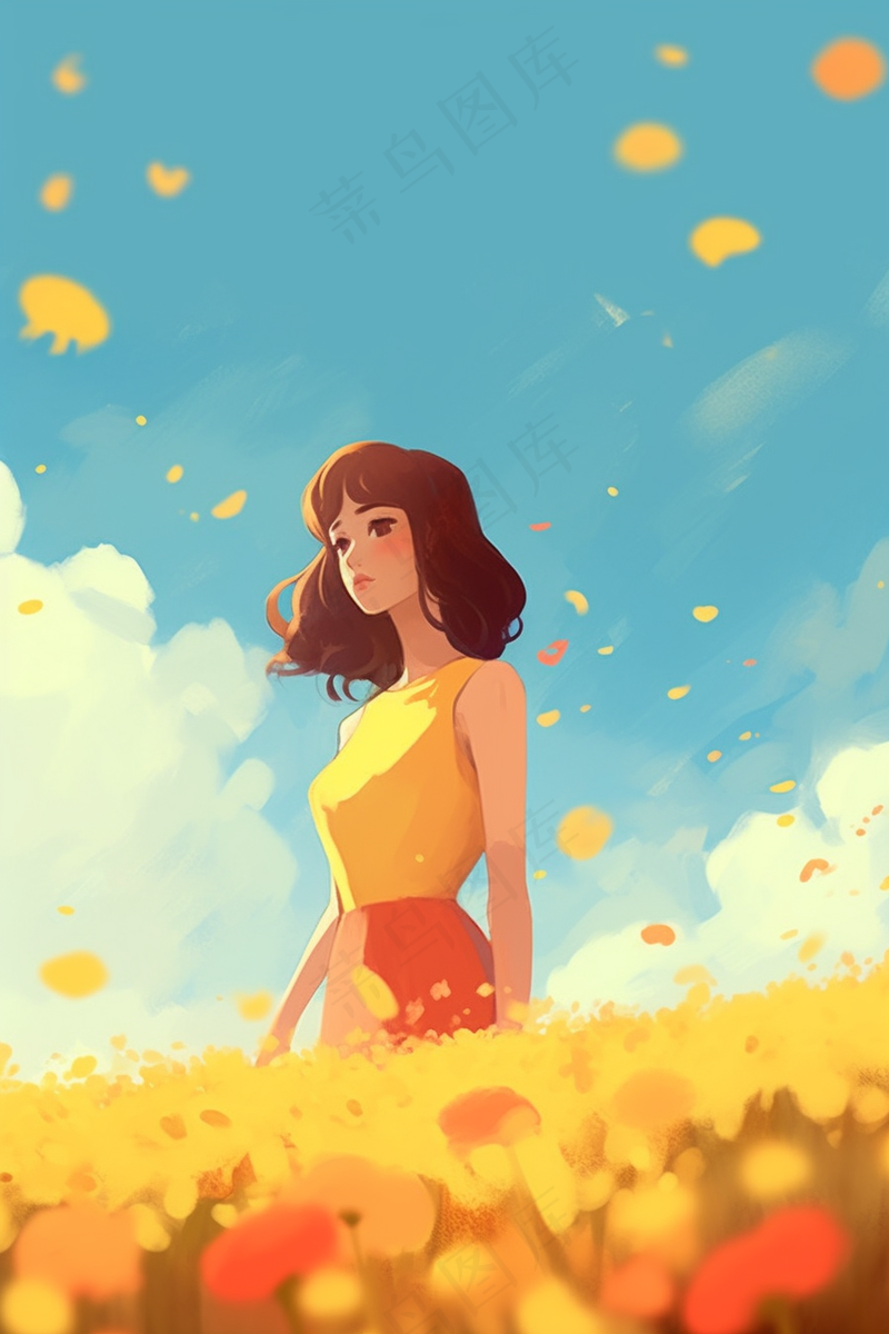 a girl in a yellow dress standing in a field of flowers, a digital painting by Atey Ghailan, pixiv, conceptual art, dreamy illustration, a beautiful artwork illustration, girl in a flower field (2688x4032)