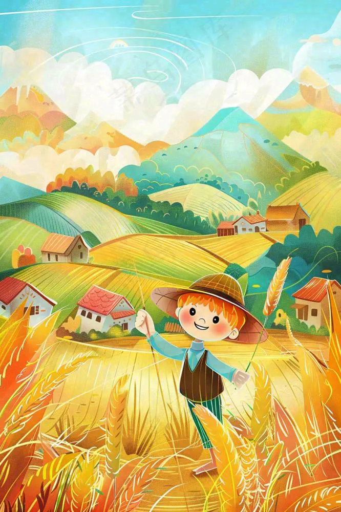 秋天农田丰收山村村庄稻草人水稻小麦立秋秋分芒种卡通插画背景(896x1344)