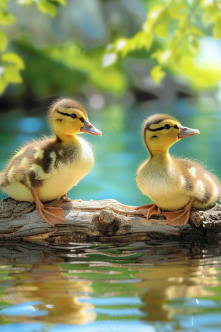 湖水里嬉戏的小鸭子春天摄影图