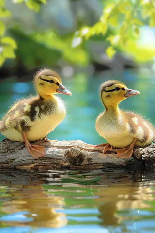 湖水里嬉戏的小鸭子春天摄影图
