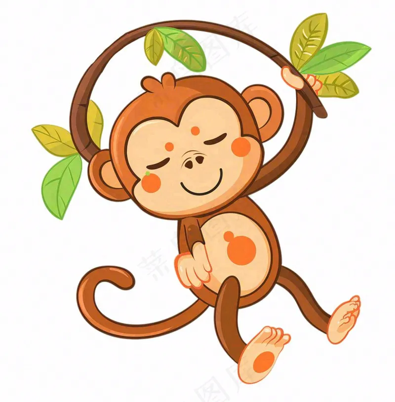 猴子挂着树枝上玩乐动物卡通插画免抠(1024x1040)