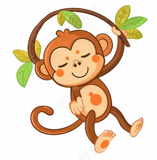 猴子挂着树枝上玩乐动物卡通插画免抠