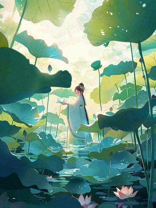 夏天插画风格古装少女在荷花池采莲花唯美夏日清凉小暑立夏夏至大暑插画背景