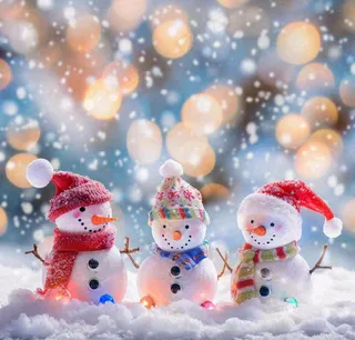 冬天雪地堆雪人唯美光圈温馨雪花飘零立冬冬至小雪大雪圣诞摄影图