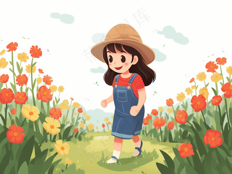 小女孩走在花丛中美丽的花朵花匠卡通插画背景(3696x2784)