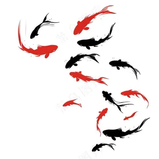 锦鲤红黑水墨画中国风插画免抠