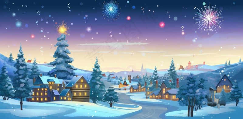 冬季雪天圣诞小镇装饰夜晚节日氛围卡通插画背景(1568x768)