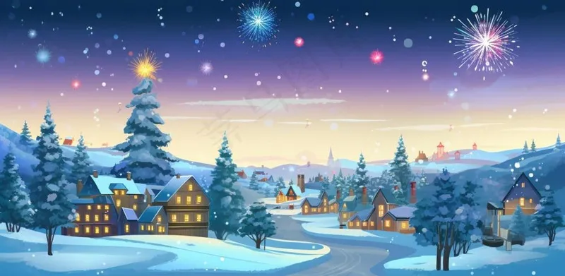 冬季雪天圣诞小镇装饰夜晚节日氛围卡通插画背景(1568x768)