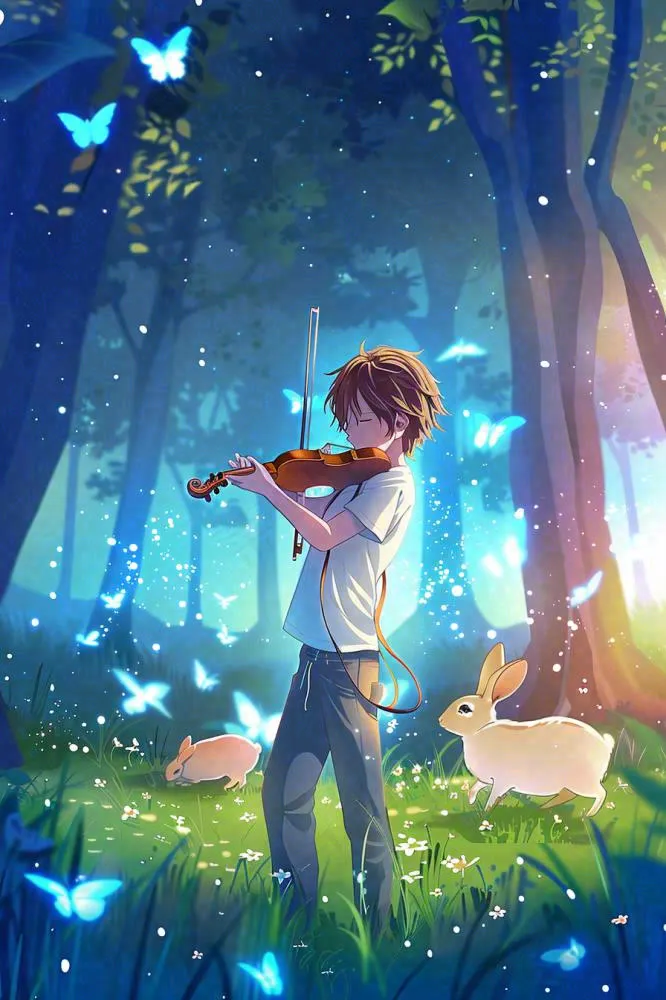 夏天夜晚小提琴演奏萤火虫蝴蝶唯美星空小暑大暑处暑背景(896x1344)