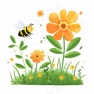 花丛里采蜜的蜜蜂花园卡通插画免抠