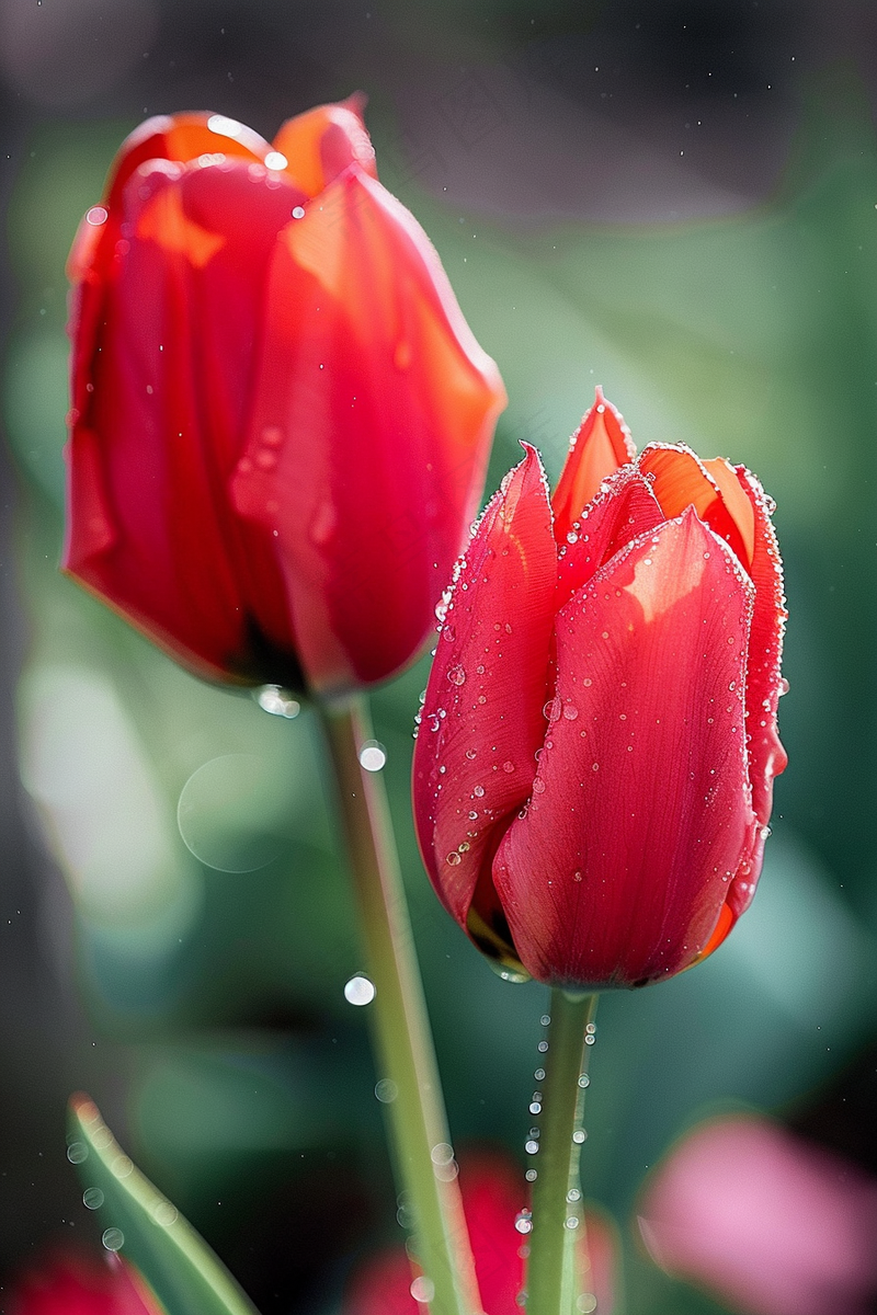 红色郁金香雨滴花朵摄影图(2688x4032)