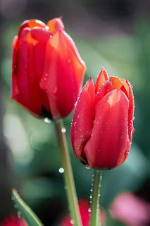 红色郁金香雨滴花朵摄影图