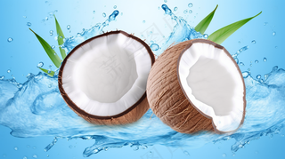 白色新鲜椰汁波浪溅与椰子隔离特写摄影图