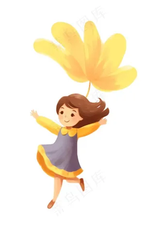 女孩少女拿着黄叶起舞美丽的裙摆卡通插画免抠